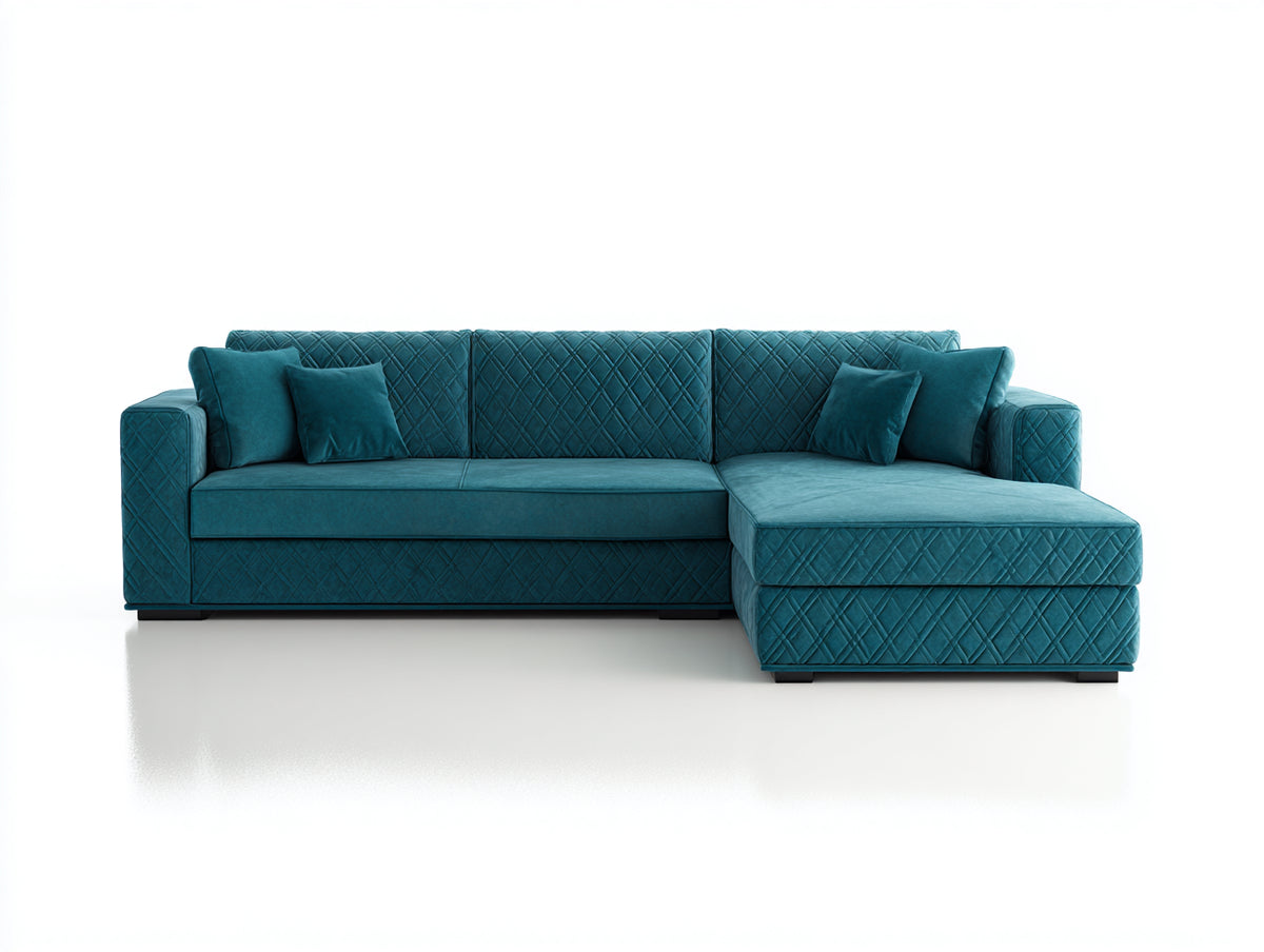 Divano angolare-Velluto-Legno-300x170x85 cm-Blu petrolio-Stile moderno